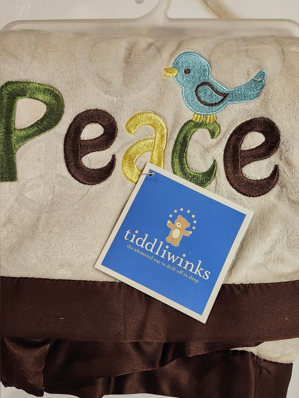 Tiddliwinks Peace Bird Baby Blanket 30x40 Plush Satin Trim Embroidered NWT